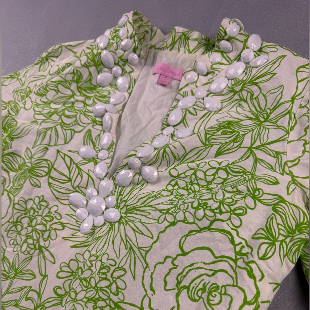 Lilly Pulitzer Shirt Womens 4 White Green Floral Beaded Tunic 3/4 Sleeve Lined